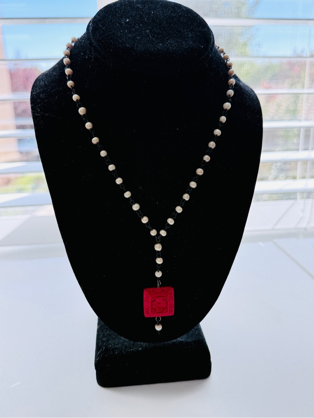 Red Carved Square Pendant Necklace - Women Jewelry